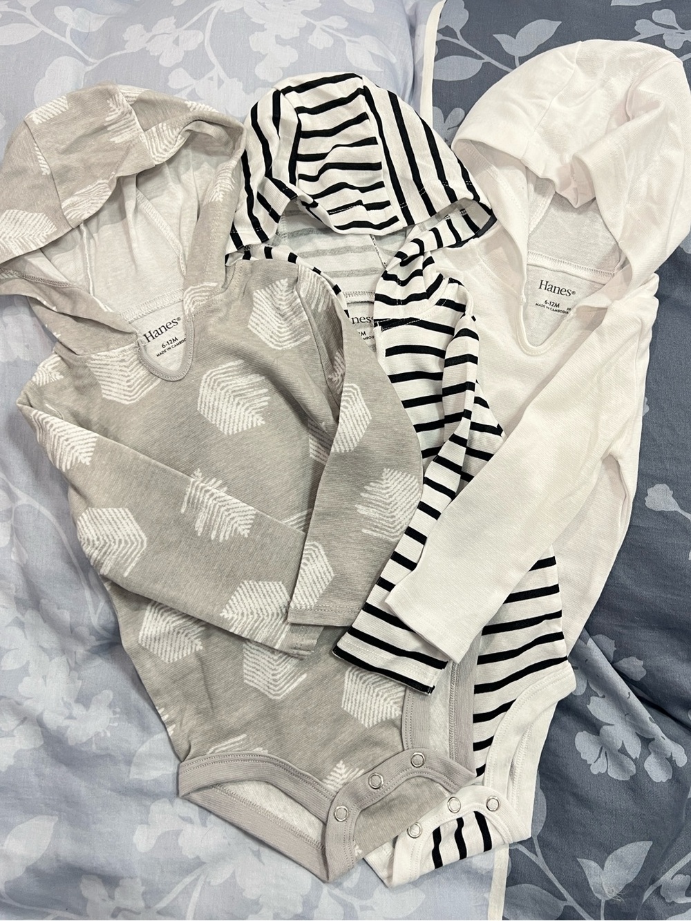 Three, Hanes Baby Hooded One-Piece Onesies in White, Gray, Black Stripe